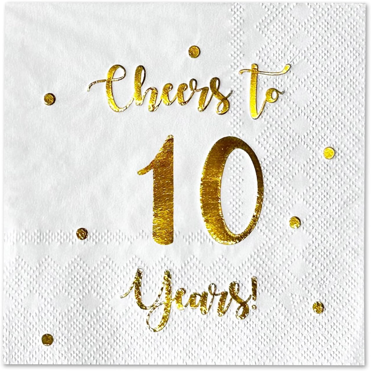 50pc "Cheers to 10 Years" Cocktail Napkins - Gold Foil & White 3-Ply Paper - Premium 10th Birthday & Wedding Anniversary Decorations for Men, Women & Corporate Events - 5 x 5 inch Folded